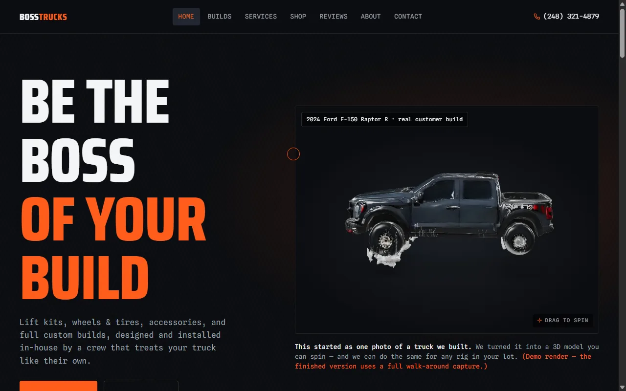 Boss Trucks Customs demo site with an interactive 3D Ford Raptor build